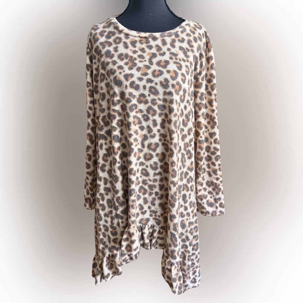 Leopard Print‎ Ruffle Hem Long Sleeve Tunic - Beige Brown by p& rose Size Small